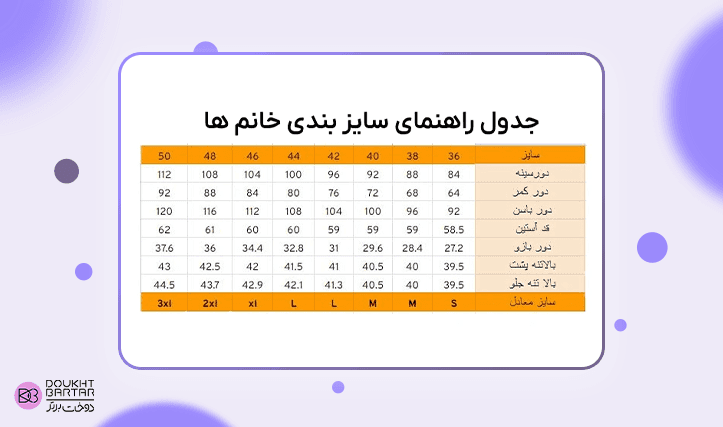 عکس جدول سایزبندی خانم‌ها