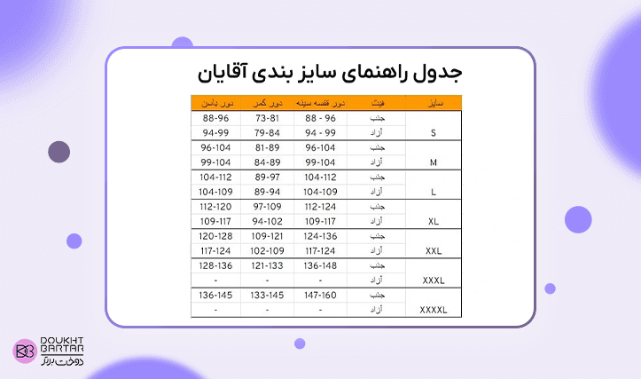 عکس جدول سایزبندی آقایان